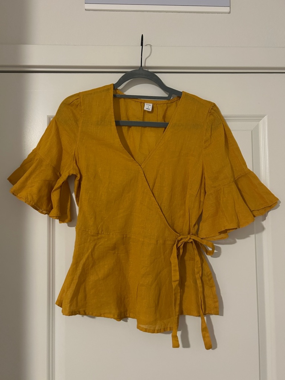 Old Navy Mustard Wrap Peplum Blouse with Ruffle Sleeves